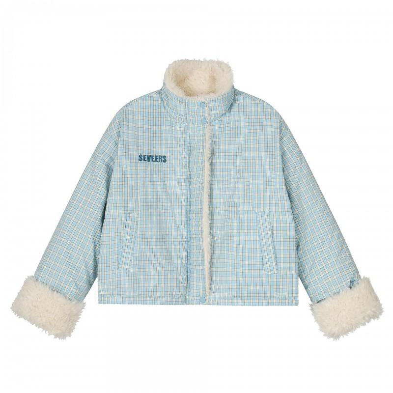 Unisex Winter Fleece-Lined Reversible Plaid Cotton Puffer Coat Loose Fit Mid-Length Warm Jacket Teens
