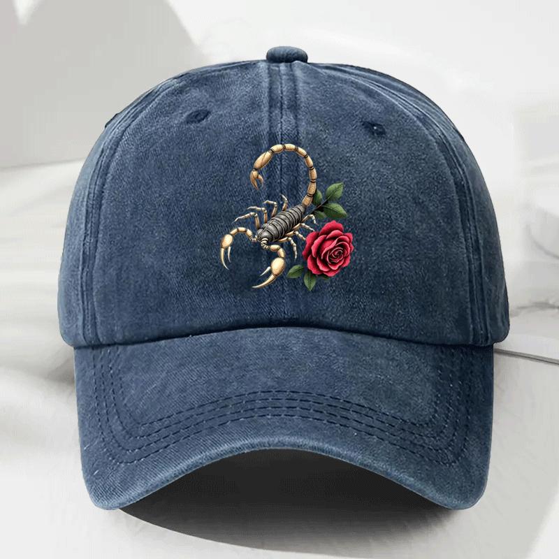 Scorpion and Rose Graphic Washed Baseball Cap Unisex Vintage Polyester Casual Streetwear Adjustable Sports Hat