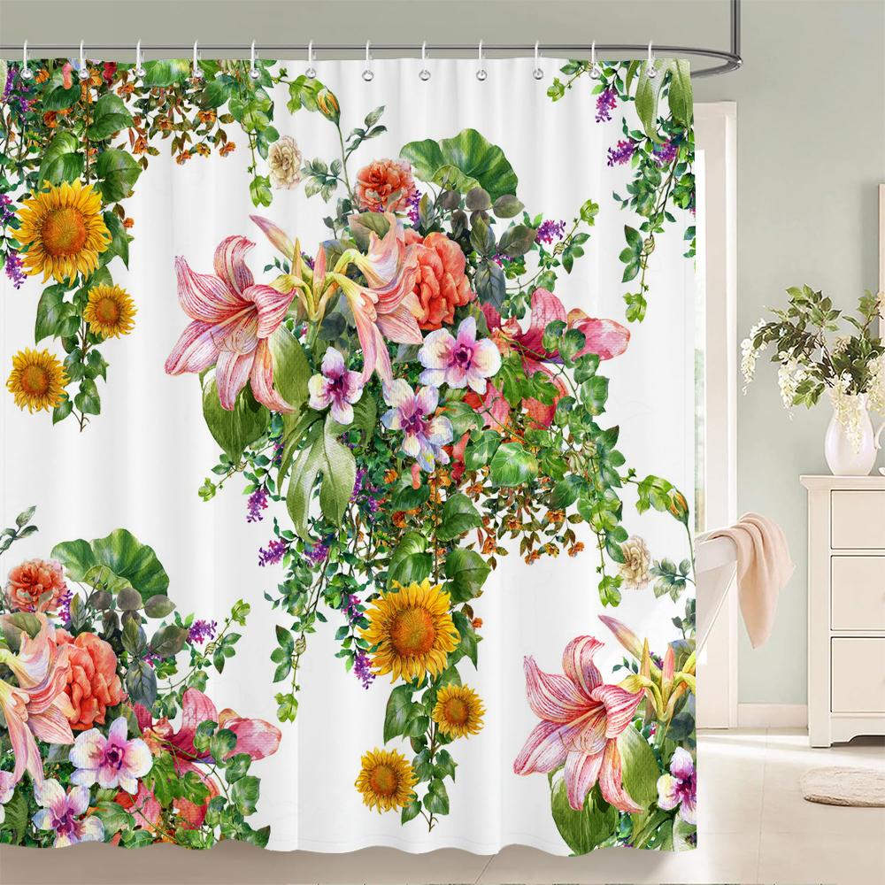Waterproof Shower Curtains European Flowers 3D Bathroom Curtains With Hooks Printing Decoration 180*240Cm Washable Bath Screen