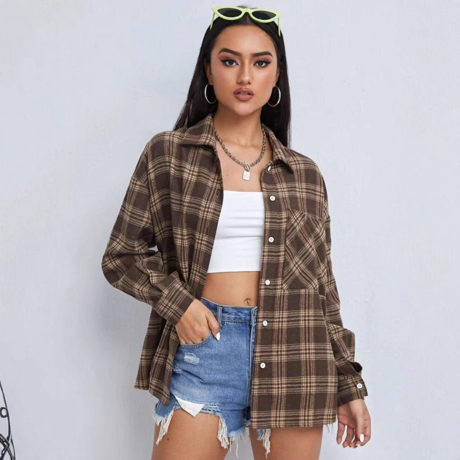 

2025 Новый стиль Женская европейская и американская клетчатая куртка-рубашка - Повседневная мода S