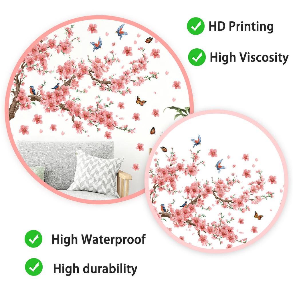 Wall Sticker Branch Cherry Blossom Birds Self Adhesive Wall Decal for Living Room Bedroom Home Decor