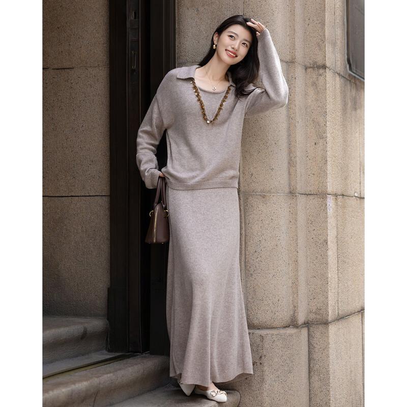 Demana Damen Winter Wollmischung Perlenbesetztes Oberteil & Gerader Rock Zweiteiliges Set