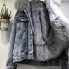 Damen Winter Großer Zottelkragen Kurze Jeansjacke Locker Gepolstert und Verdickt Warme Jacke