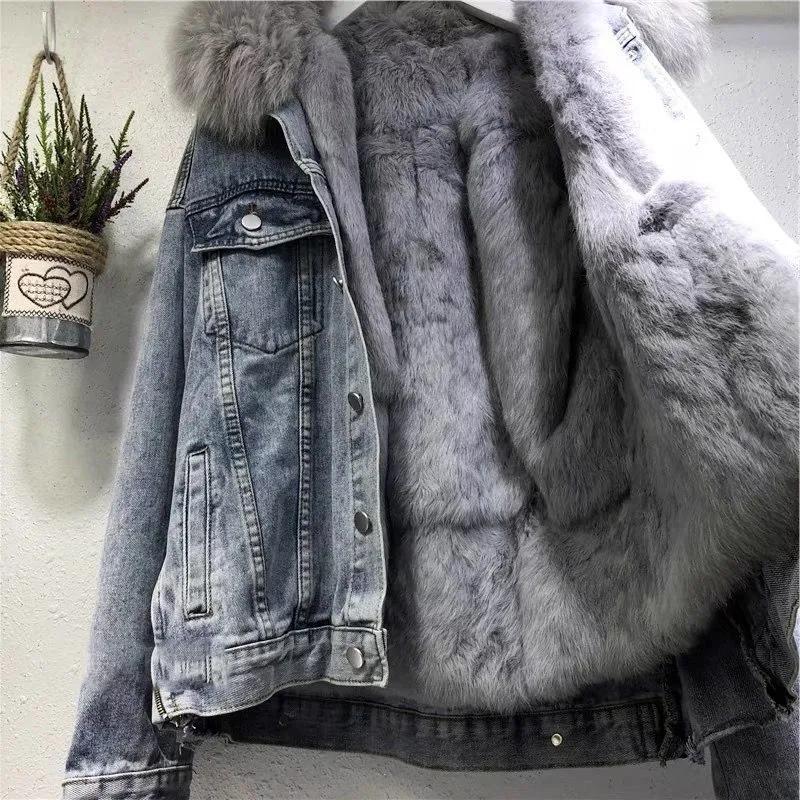 Damen Winter Großer Zottelkragen Kurze Jeansjacke Locker Gepolstert und Verdickt Warme Jacke