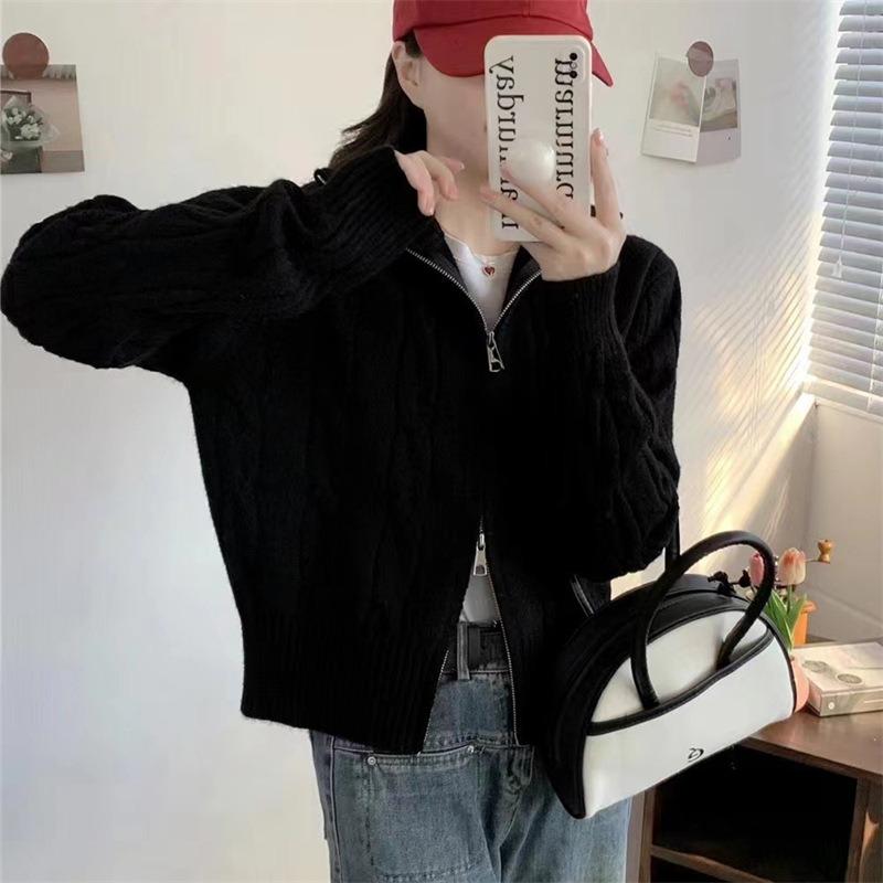 Vintage turtleneck twist sweater cardigan jacket women's autumn and winter design sense double zipper short knitted top thick