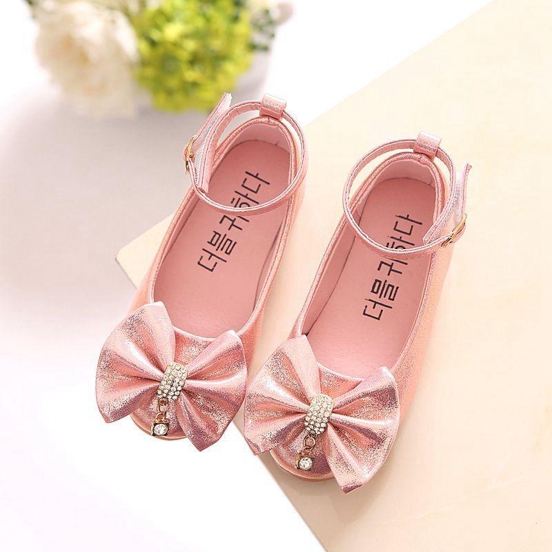 Girls Leather Shoes Soft Princess Sweet Toddlers Girl Big Kids School Shoes Ankle-strap Butterfly-knot with Rhinestone