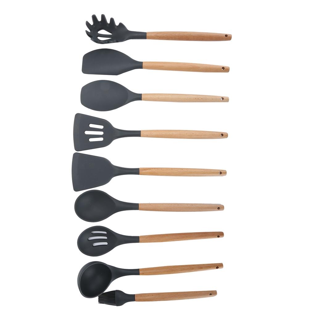 9Pcs Set Silicone Kitchenware Kit NonStick Cooking Utensils Baking Tool with Wooden Handle