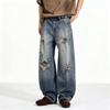 Mens Distressed Oversized Wide Leg Jeans Light Blue High Stretch Low Rise Streetwear Cargo Style