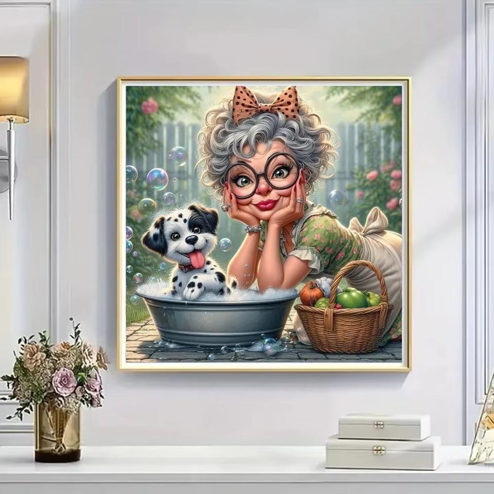 Glückliche alte Dame und Haustierhund 5D DIY Diamantmalerei Lustige Oma Katze Neu 2025 Kreuzstich-Sets Mosaik Diamantstickerei Kunst