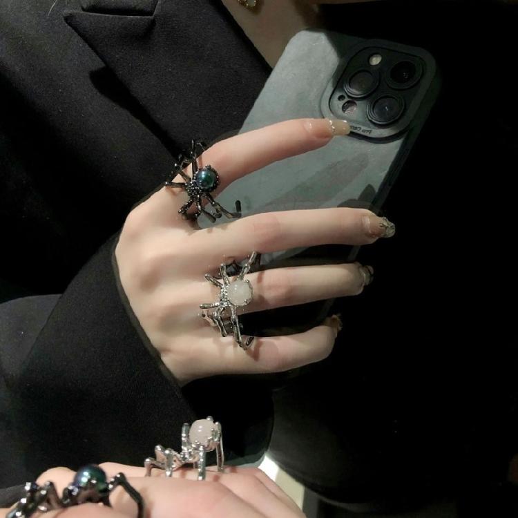 Artisanal Crafted Adjustable Spiders Ring Gothic Jewelry Moonstone Accent Punk Aesthetic Women's Accessory