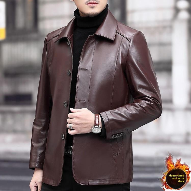 New Dad's Middle-aged Men's Leather Jacket Fleece Thickened Autumn and Winter Warm Jacket