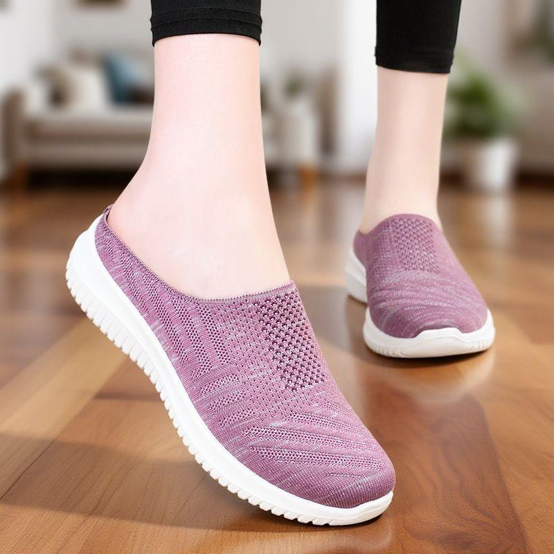 Shoes Women's Summer Slippers Women's Large Size Cloth Shoes Breathable Fly-woven Shoes Soft Sole Lightweight Single Shoes One Pedal Casual Shoes