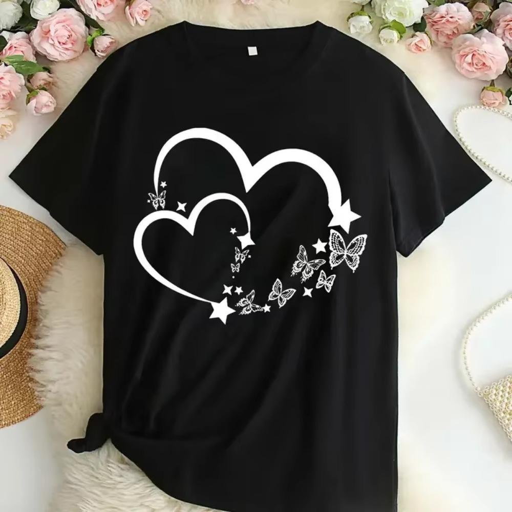 Plus Size Heart Print T-Shirt Casual Crew Neck Short Sleeve T-Shirt Women's Plus Size Clothing