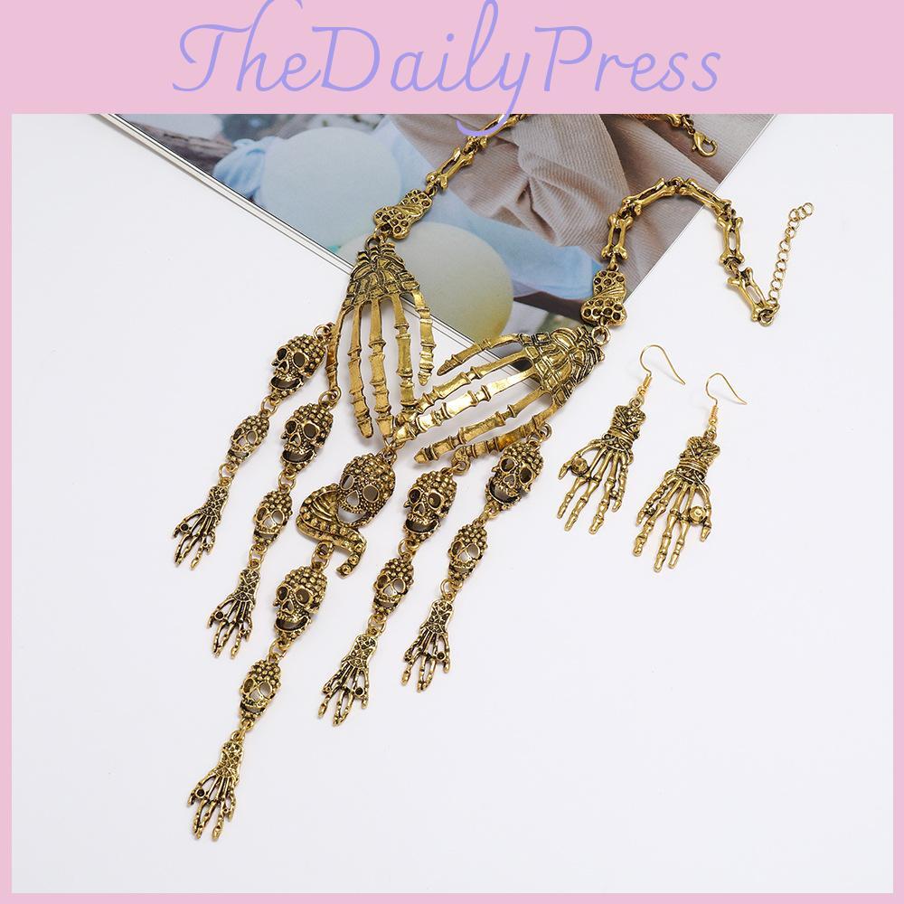 Fashion Hand Bone Women Necklace And Earring Set With Skeleton Tassel Design For Gothic Party Accessories