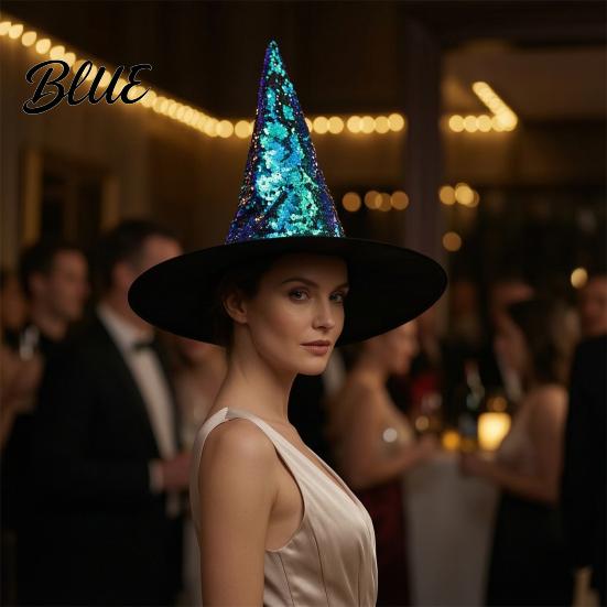 Wide Brim Witch Hat Reversible Sequin Hat Sparkly Glitter Large Wizard Halloween Costume Party for Cosplay Masquerade
