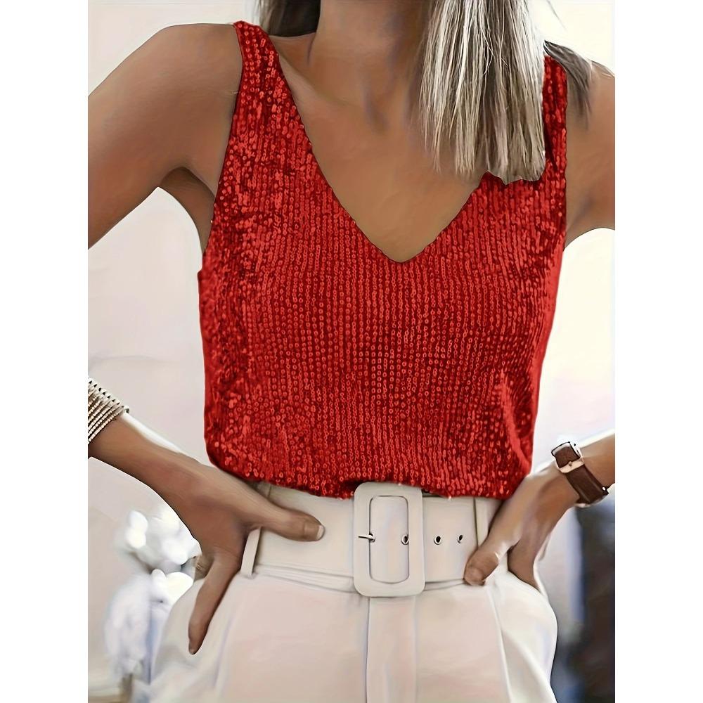 Women's V Neck Sleeveless Sequin Tank Top Straight Fit Elegant Party Cami Top