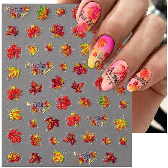 Geprägte Herbst-Nagelkunst-Sticker, 5D Thanksgiving-Tag Nagel-Aufkleber, Selbstklebende Ahornblätter für DIY Herbst-Nagelzubehör Dekoration(5 Blätter)