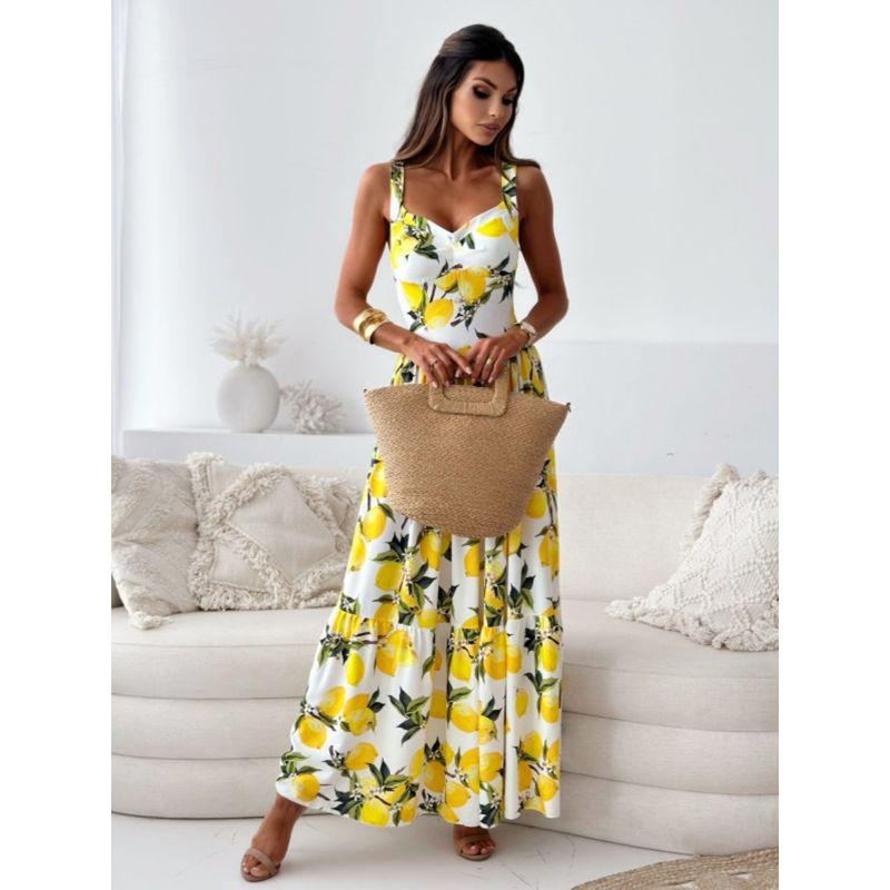 Sweet Summer New Arrival Fashion Wind V-neck Sexy Backless Slim Fit A- Line Printed Slim Looking Sling Dress Long Dress for Women