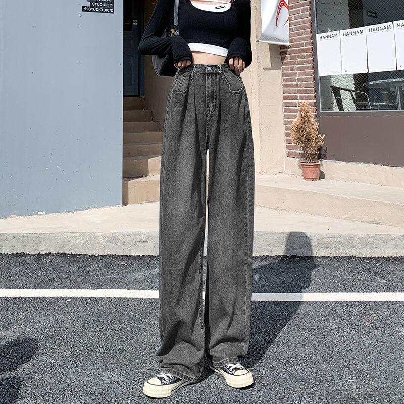 

Women s Black & Grey Adjustable High-Waisted Wide-Leg Jeans, 2021 Style: Loose, Straight, Drapey, Floor-Length. Medium (M)