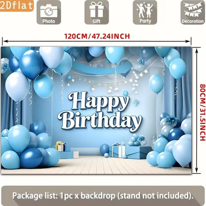 2D Cool Blue Happy Birthday Backdrop Banner with Balloon and Curtain Design