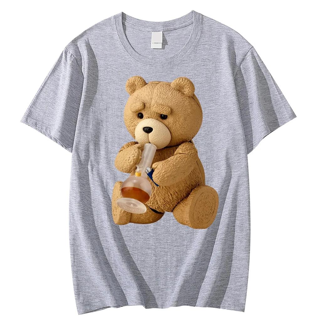 2024 New Print Cute Teddy Bear Drinking Beer Poster T-shirt Summer Short sleeved T-shirt Cool Casual High Quality Top