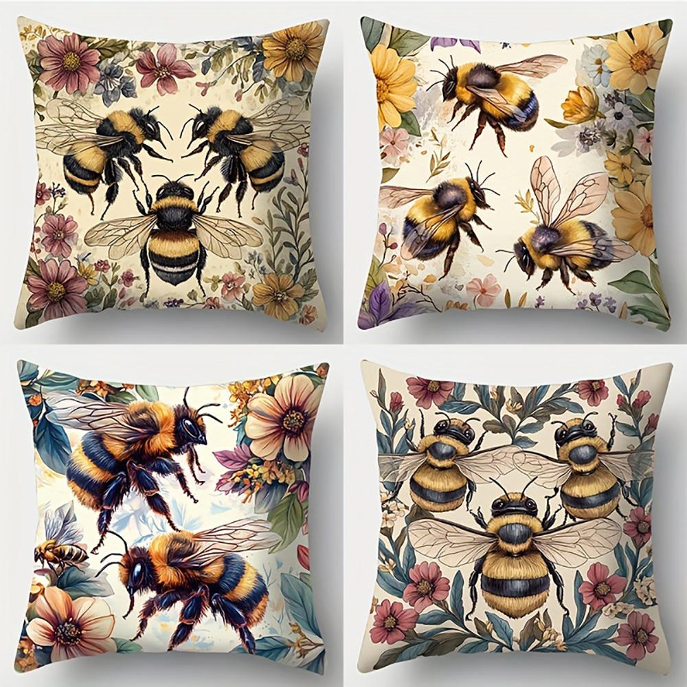 1/4Pcs Floral Bee Print Pillowcases Sofa Cushion Cover Home Bedroom Room Decoration