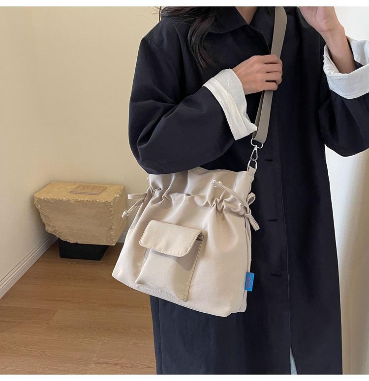 Drawstring Design Solid Color Women's Canvas Shoulder Bags Casual Simple Ladies Handbags Outdoor Sports Female Crossbody Bag