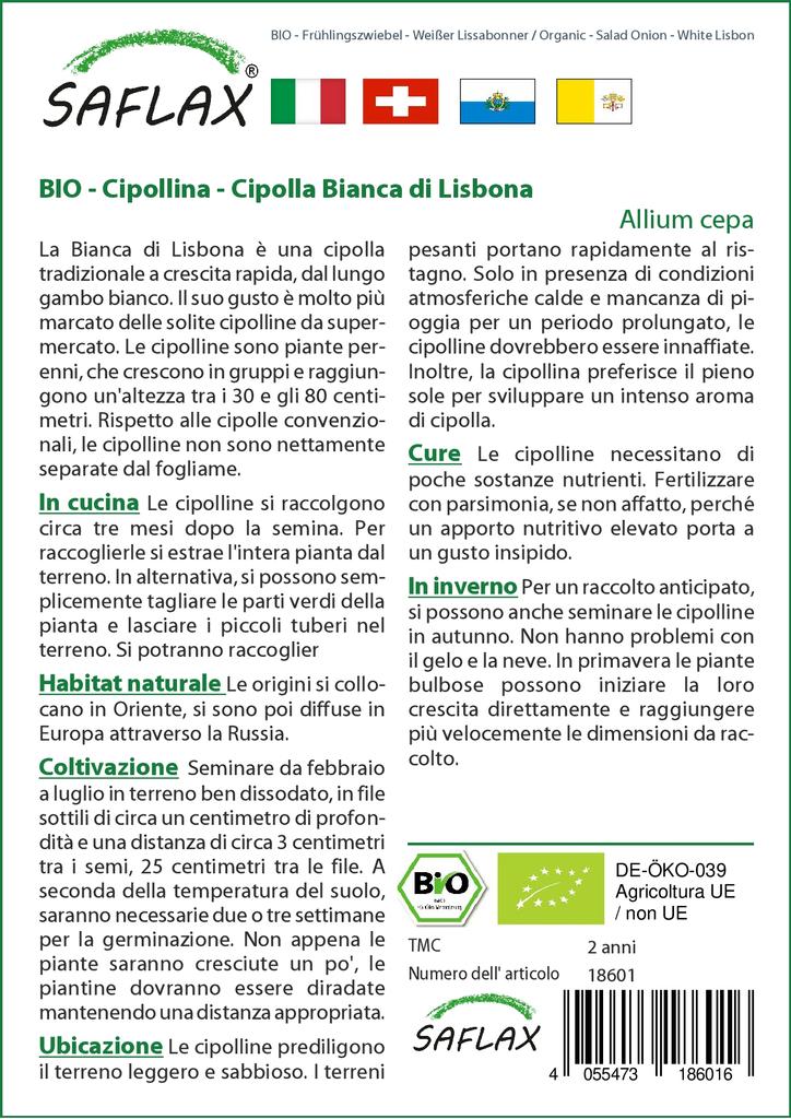 SAFLAX Garden In the Bag - Organic - Salad Onion - White Lisbon - 150 Seeds - With Substrate In a Fitting Stand Up Bag - Allium Cepa