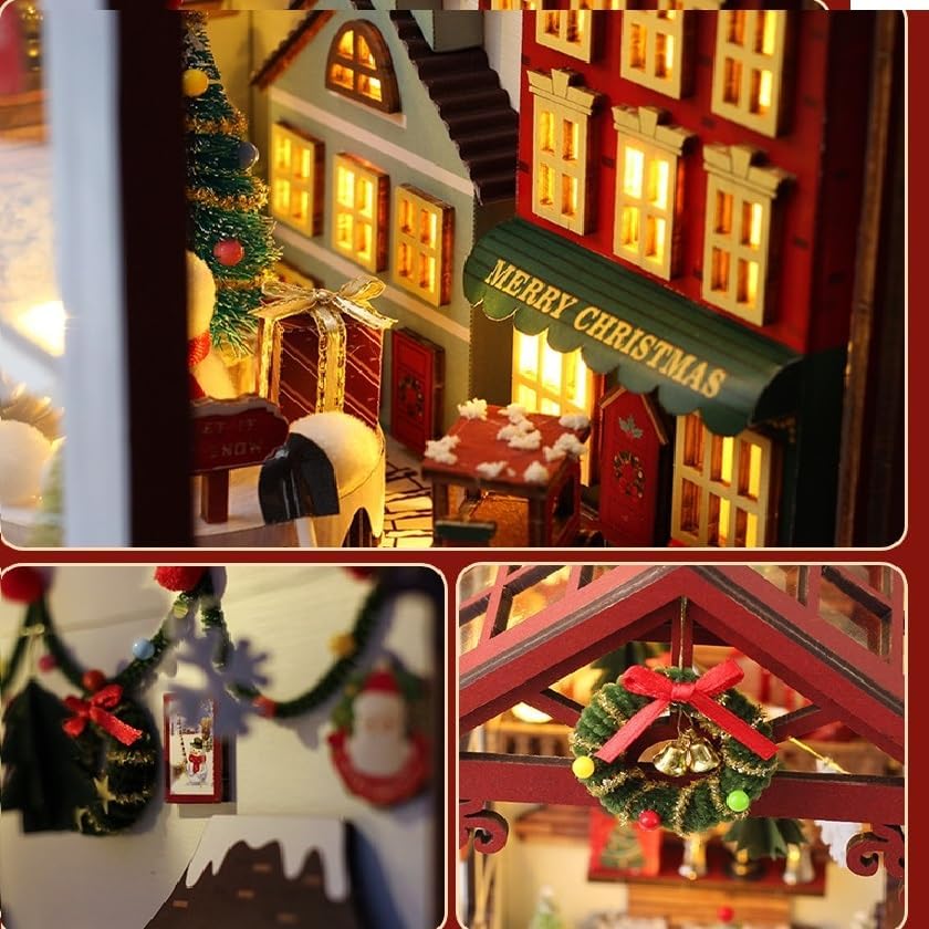 Miniature Dollhouse Christmas Wooden Puzzle Miniature House Kit with Bookshelf Music Box and Sensor Christmas 3D DIY Craft Beginner Adult Birthday