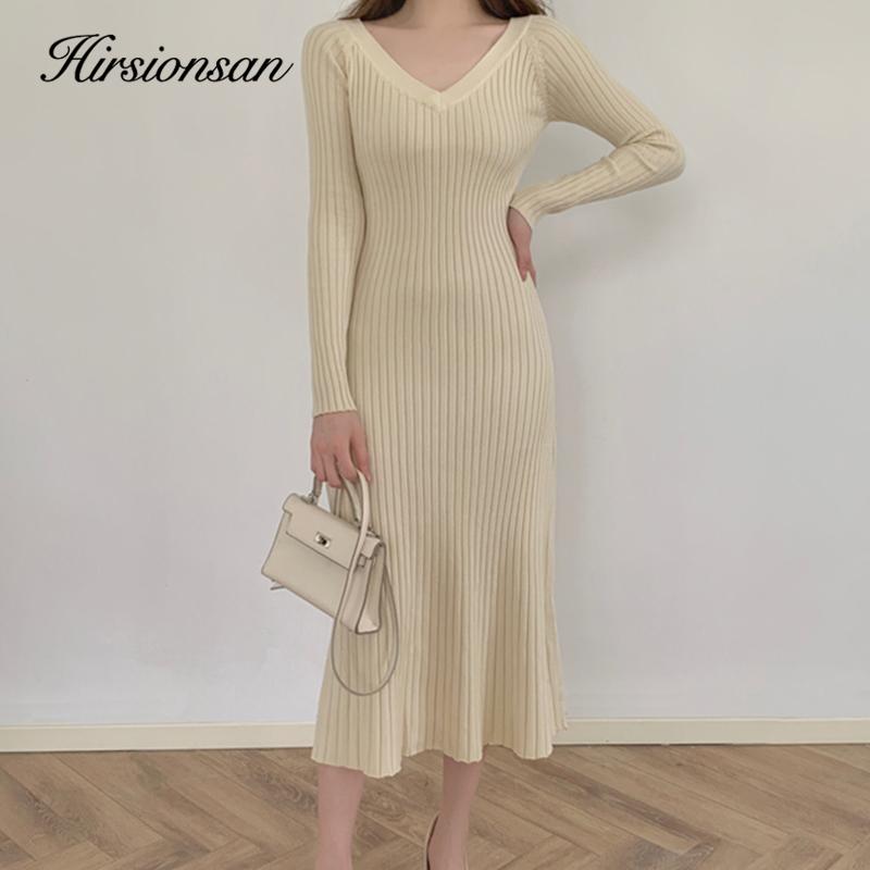 

Hirsionsan свободные мягкие пуловеры с длинными рукавами платья женские повседневные однотонные трикотажные платья с v-образным вырезом женские простые модные джемперы трапециевидной формы