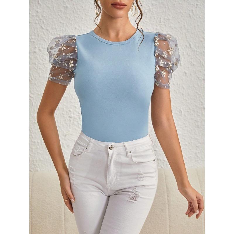 

YYFS Женская мода Повседневная Летняя Весна Однотонный Принт Короткие Рукава О-Образным Вырезом Блузки и Рубашки XL светло-синий