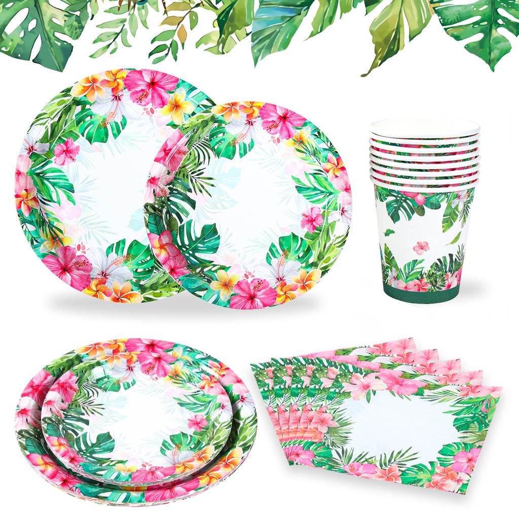 Hawaiian Leaves Flower Disposable Tableware Summer Theme Birthday Party Decor Paper Cup Napkin Tropical Hawaii Party Supplies