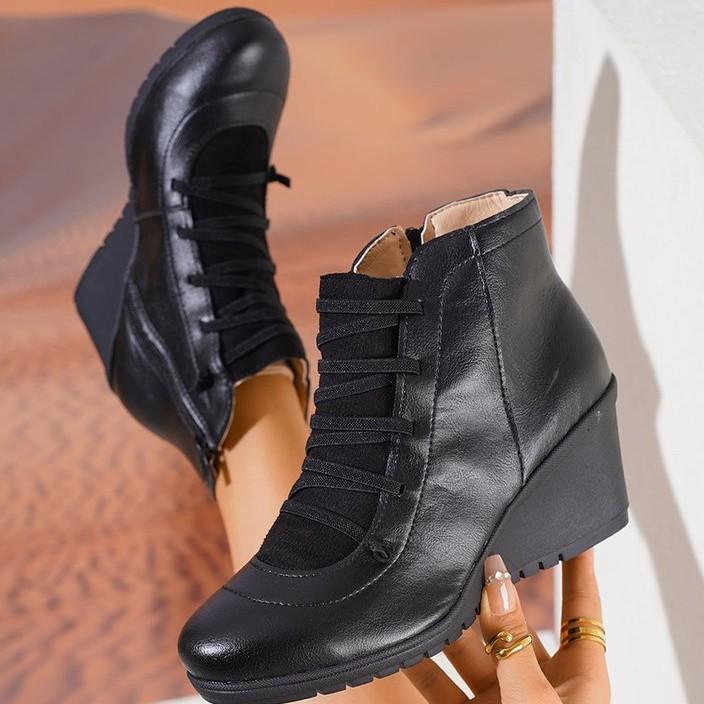 Damen Retro Plateau Keilabsatz Stiefeletten Herbst Winter Kreuzriemen Freizeitschuhe Frau Übergröße PU Leder High Heel Stiefel