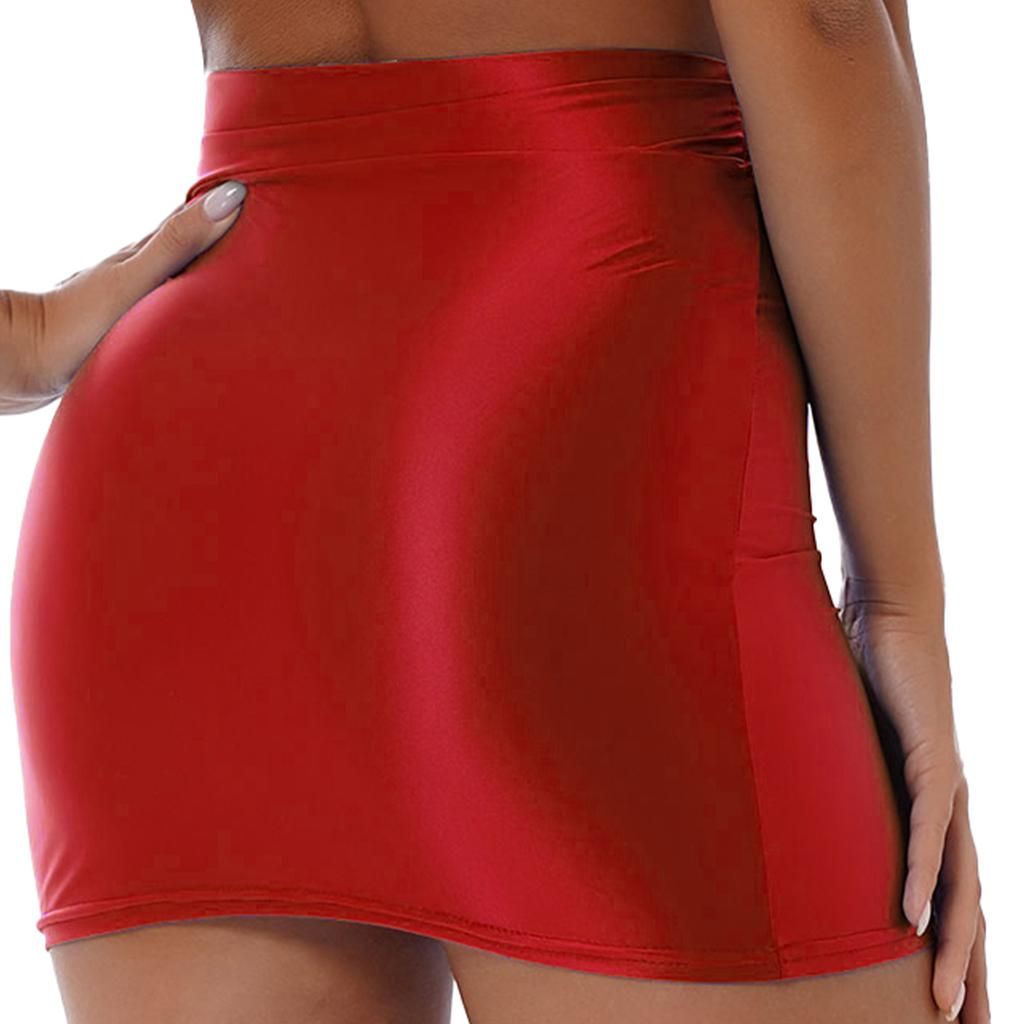 Womens High Waist Pencil Skirt Glossy Solid Color Design Elastic Waistband Casual Miniskirt