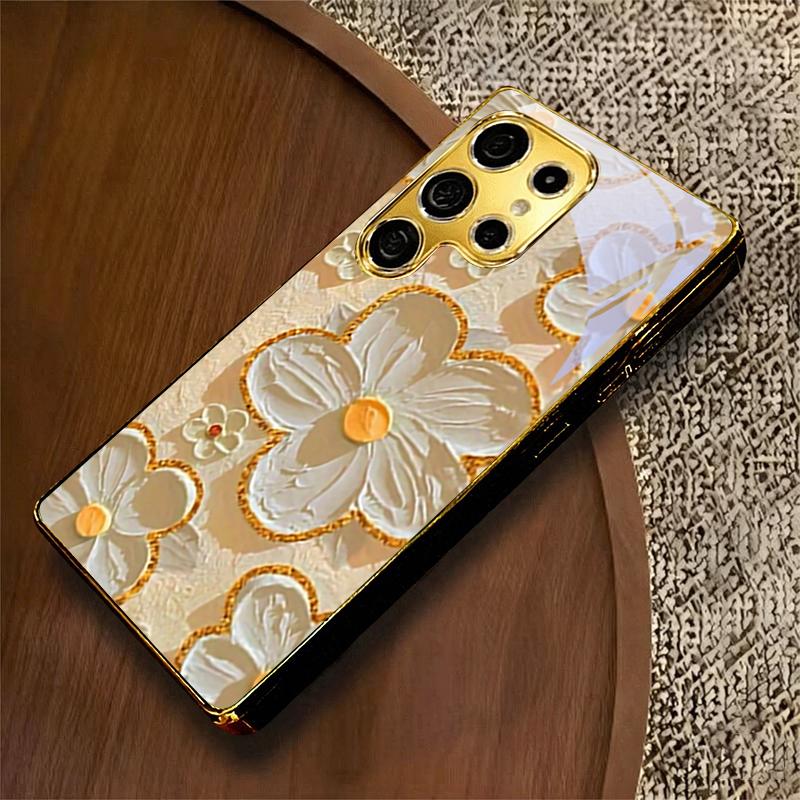 Textured White Flora Electroplated Golden Phone Case For Samsung S22 Ultra S21 S20 FE S23 Plus S24 S25 S26 Note10 20 Glass Cover
