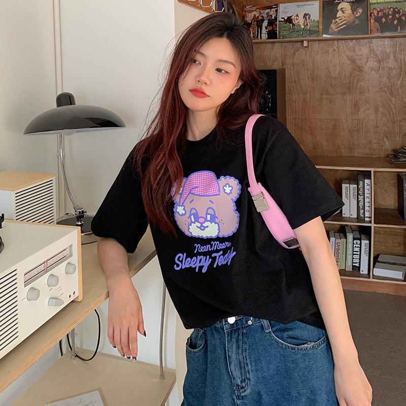 

% Cotton Sweet Cute Bear Print Loose Casual Summer Short Sleeve T-Shirt Women 3XL чорний