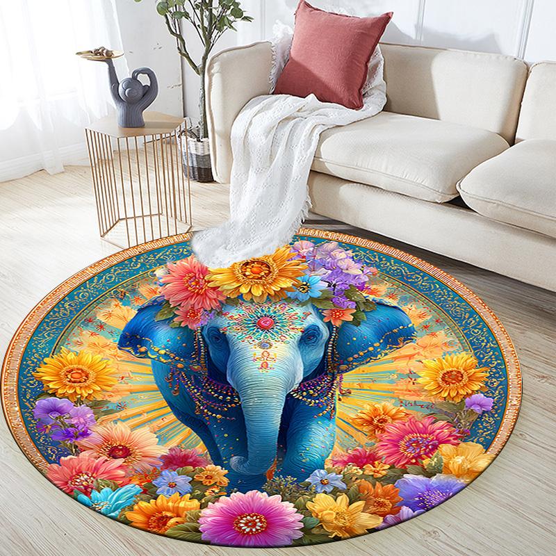 Elephant Round Area Rug,Carpet Rug for Living Room Bedroom Sofa Playroom Decor,Non-slip Floor Mat