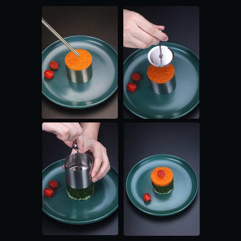 Runde Reisbällchenform mit Ausdrücker Edelstahl Dessert Mousse Kuchenringe Leichtes Entformen Sushi-Zubereitungsform Küchenwerkzeug