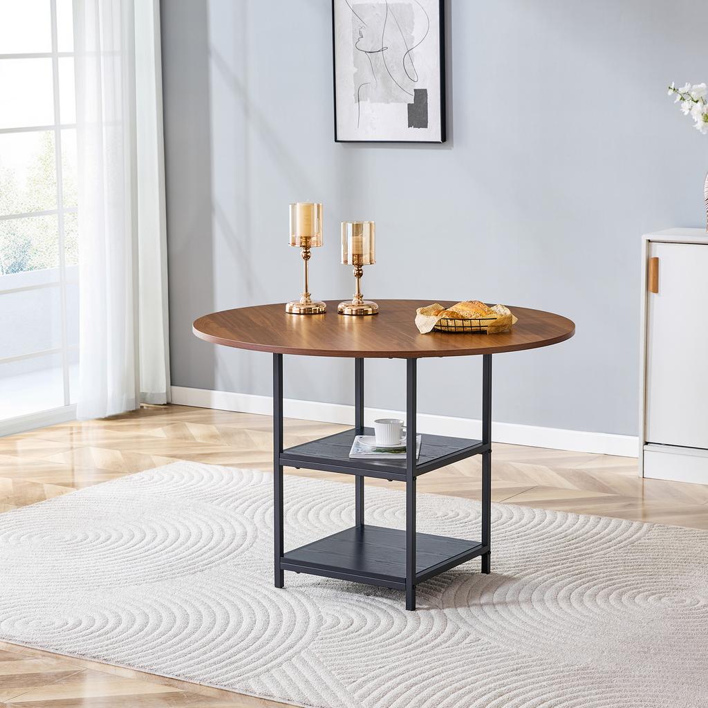 Round Dining Table with 107 Cm Diameter and Double Shelf In Walnut Look, MDF Top + Metal Frame, Suitable for 2–4 People, for European Family Meals.