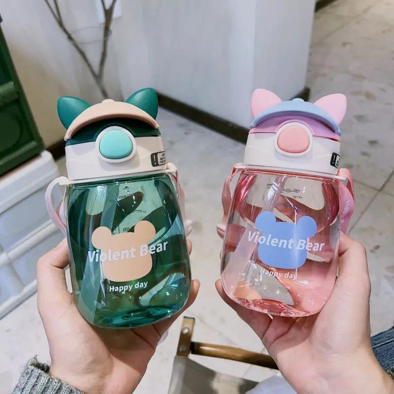 550 ML Kids Sippy Cup vannflasker Kreativ tegneseriemating med sugerør og lokk Sølsikre bærbare småbarn drikkekopper