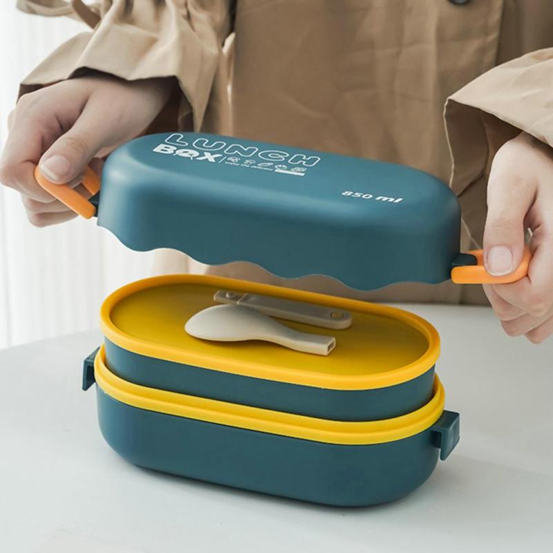 850ML Portable Double-layer Lunch Box Microwavable Bento Box with Tableware Sealed Leak-proof Food Storage Container