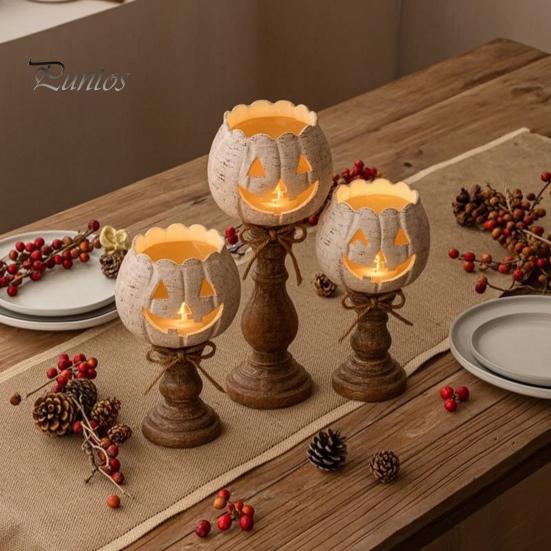 Rustic Pumpkin Statue for Entryway White Tealight Candle Holder Set, Farmhouse Halloween Tea Light Harvest Theme Home Decorations Holders Decor, Fall