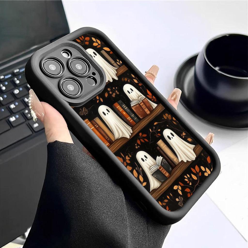 Ghost Head Bookshelf iPhone Case for 15/16/17 Pro Max - Black Groove Design