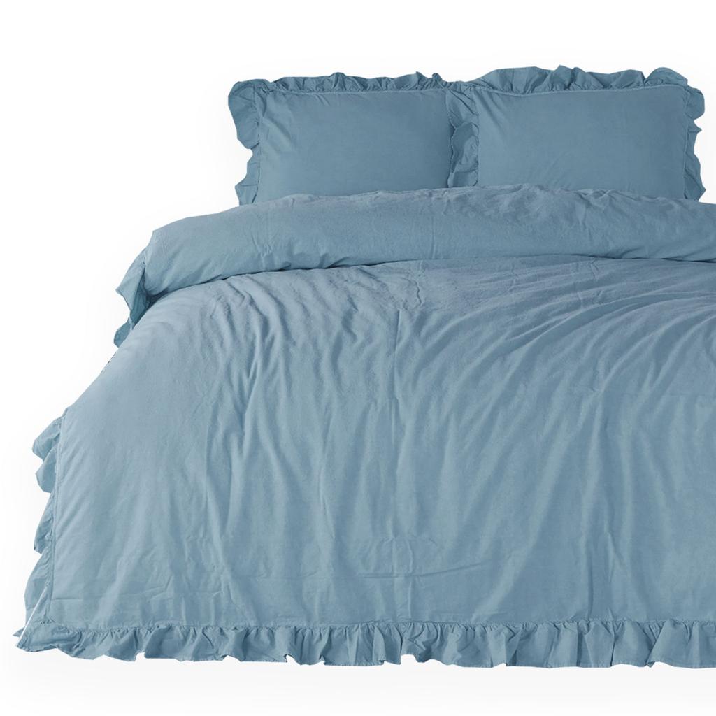 Bedding Set 160x200 100% CREASTED COTTON with Ruffles Blue