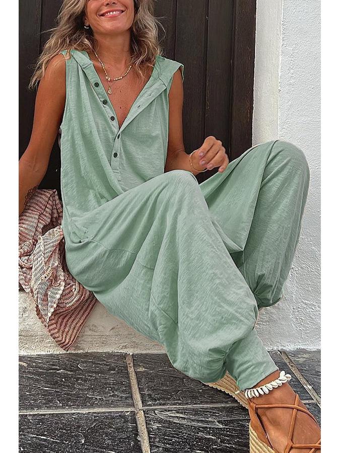 

2026 European and American Women s Hooded Sleeveless Buttoned Jumpsuit with Long Baggy Pants Medium фарби люмінесцентні зелений колір