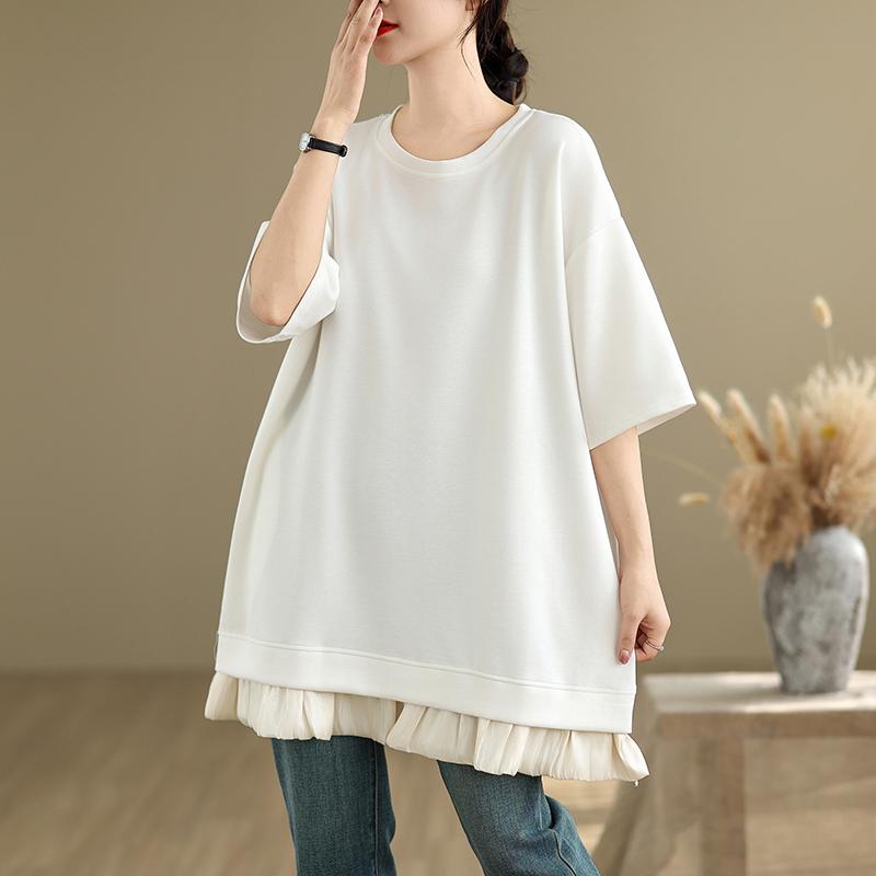 

Dimanaf 2025 Новые летние футболки больших размеров для женщин с круглым вырезом и коротким рукавом из хлопка, свободные топы, футболки макси One Size белый