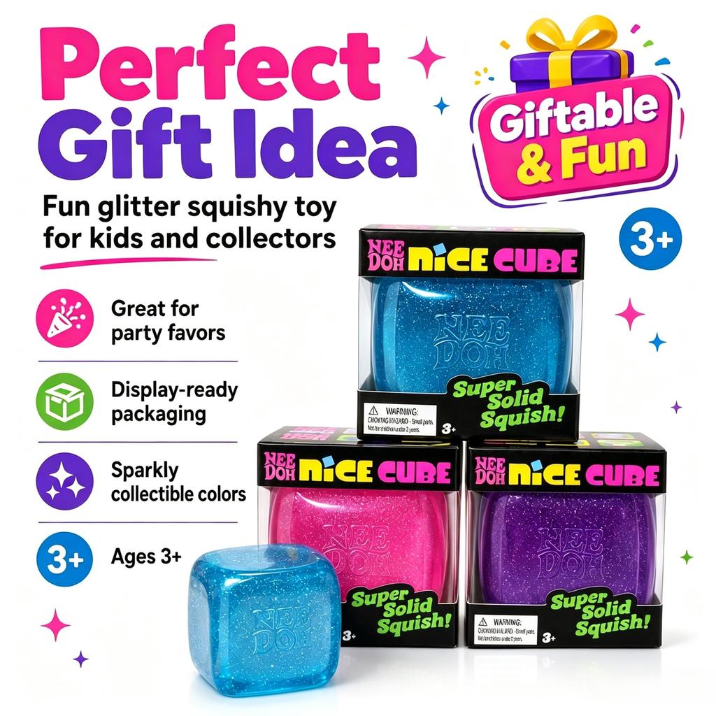 NeeDoh Nice Cube Glitter Squishy Toy, Super Solid Sparkly Sensory Fidget Cube for Stress Relief, Anti-Anxiety Soft Squeeze Toy for Kids & Adults