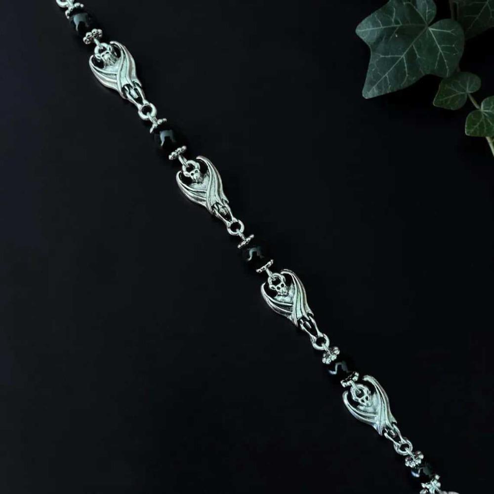 Dark Gothic Silver Color Vampire Bat Black Onyx Bracelets for Women Men Halloween Party Mysterious Comic Convention Jewelry Gift