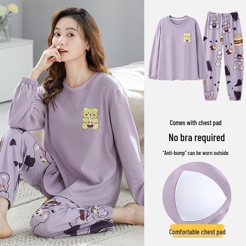 2025 Women's Long Sleeve Cotton Pajamas with Cartoon Design & Breast Pads - Versatile for Home or Outdoor Wear In Spring, Autumn, and Winter.