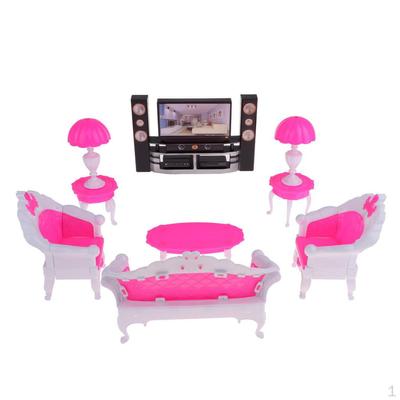 7PCS Dollhouse Miniature Plastic Furniture Set End Table Sofa Lamp TV